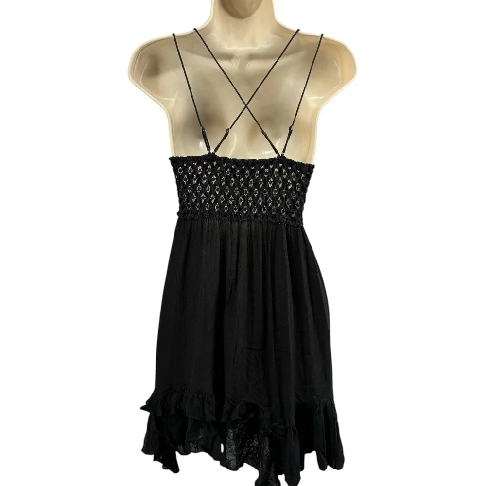 FP One Black Lace Slip Dress Boho Babydoll Mini Strappy Back Ruched XS S‎ Est'd